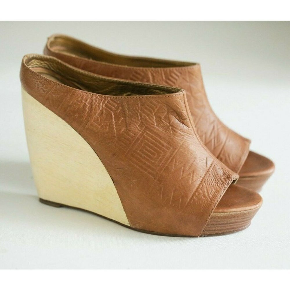 Cynthia Vincent Brown Leather Embossed Wedge slide